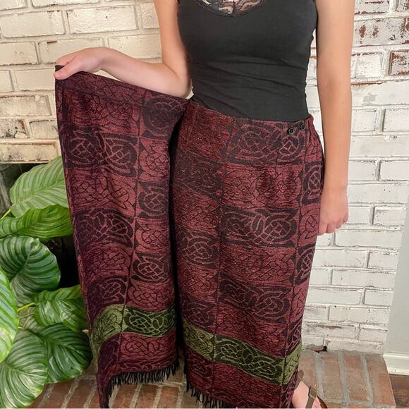Vintage Mary Flaherty Ireland Wool Wrap Tapestry Fringe Purple Green Maxi Skirt - Picture 6 of 10